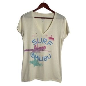 Surf Malibu Coastal Graphic Print V Neck Butter Yellow Large Tee